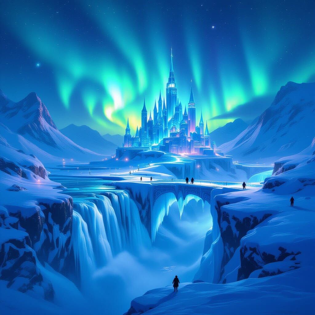 Ice City on Frozen Waterfall Under Aurora Borealis