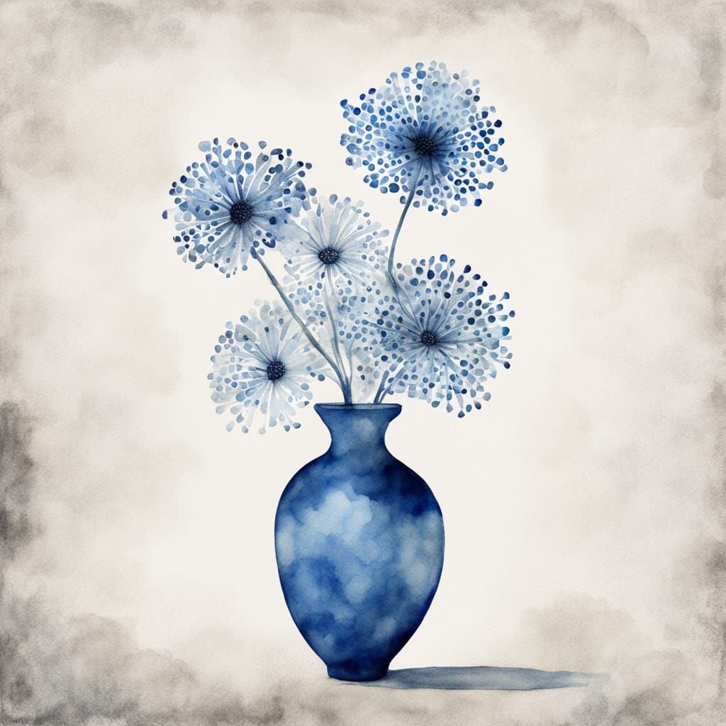 Blue Flower in Vase, Yayoi Kusama Inspired Watercolor