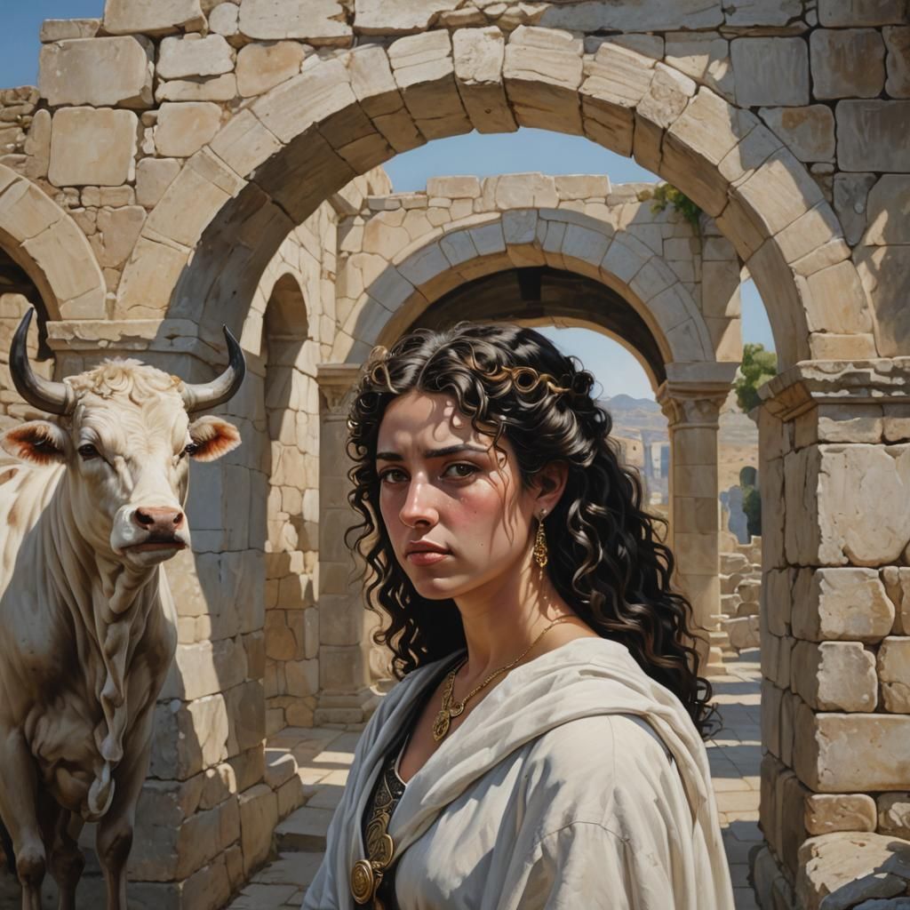 Photorealistic Sad Cretan Queen with White Bull
