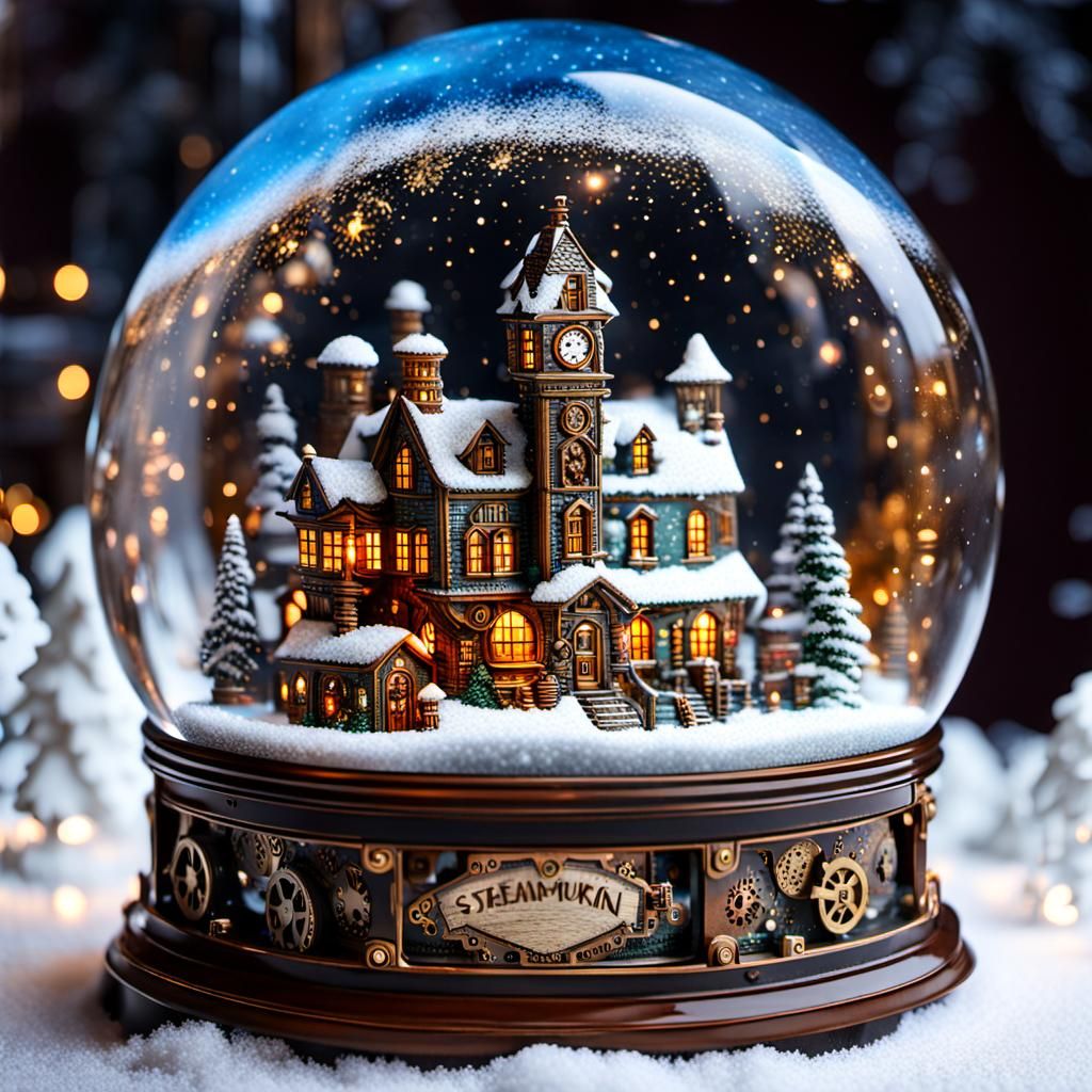 Steampunk Village Inside a Snow Globe