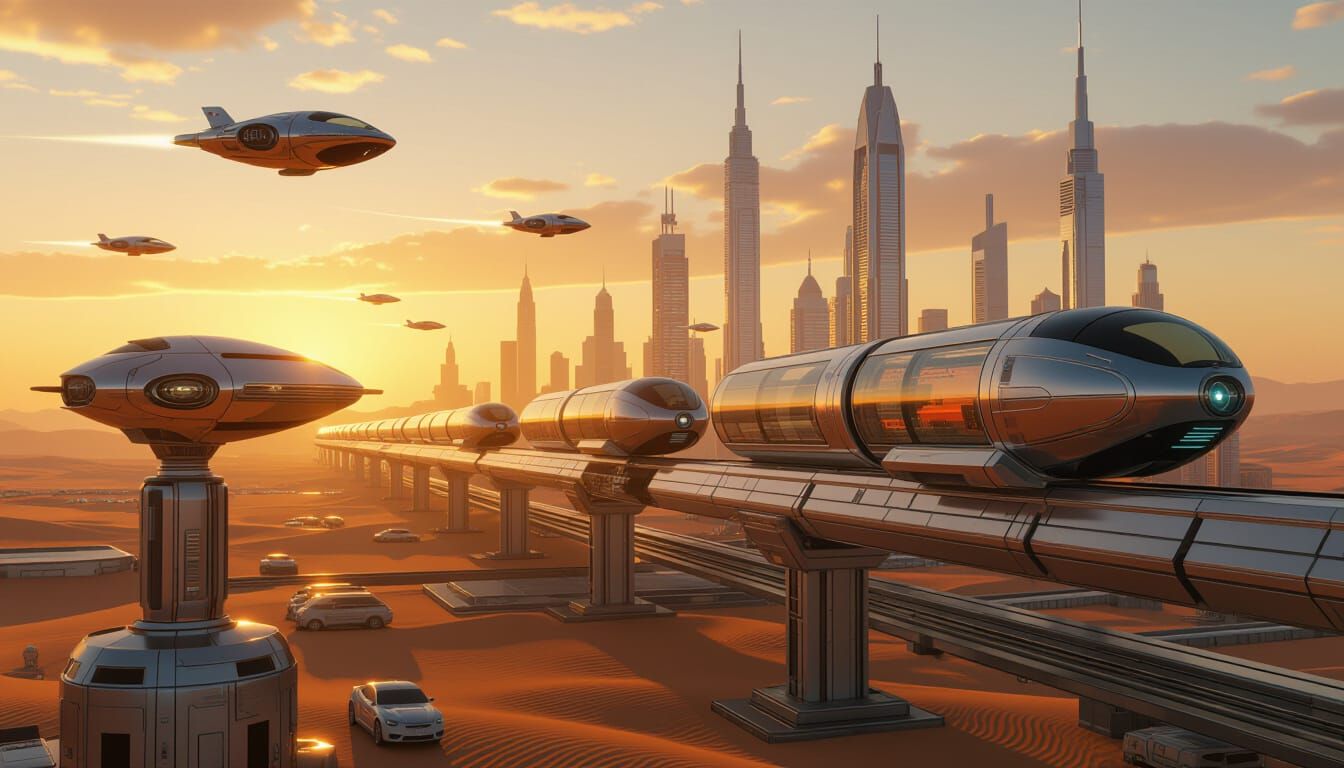 Orange Sunset Desert Skyline with Flying Cars and Monorails