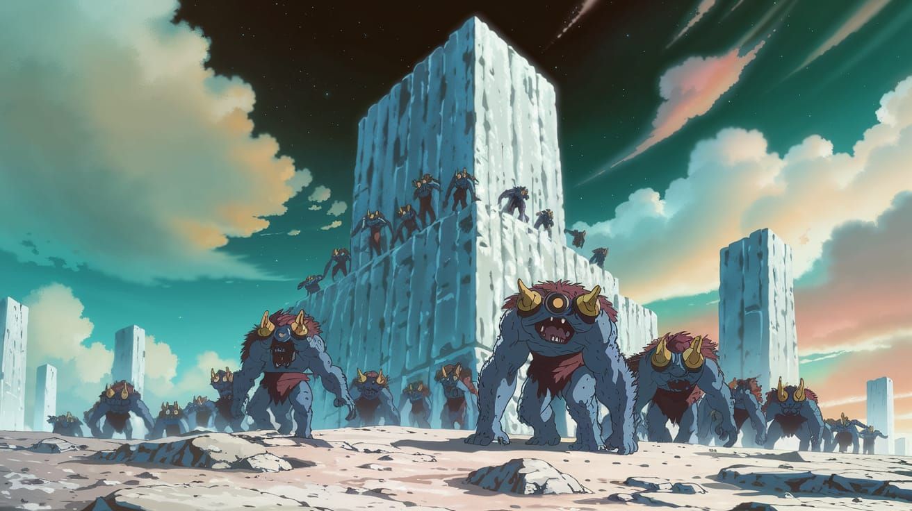 Anime Cyclops Monsters Stand Resolute on Lunar Ice Wall