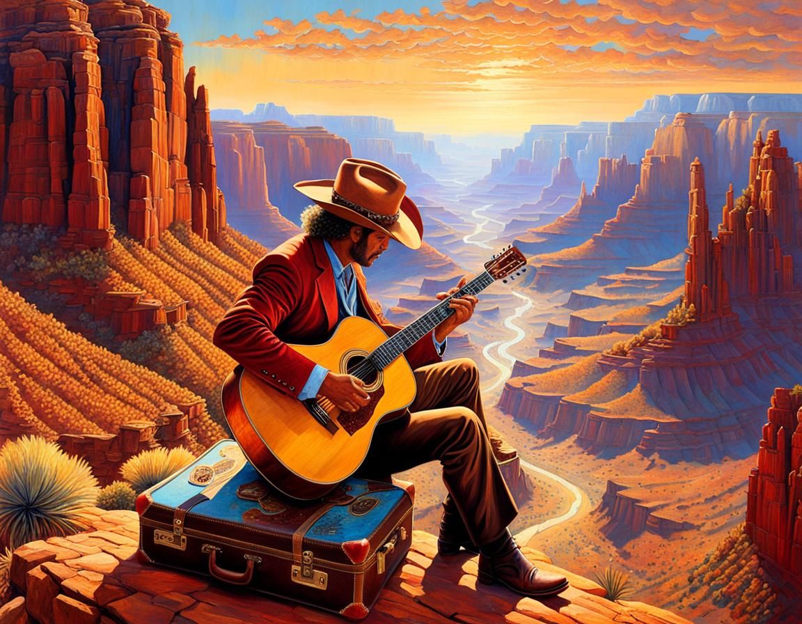 Desert Canyon Sunrise with Guitar Player