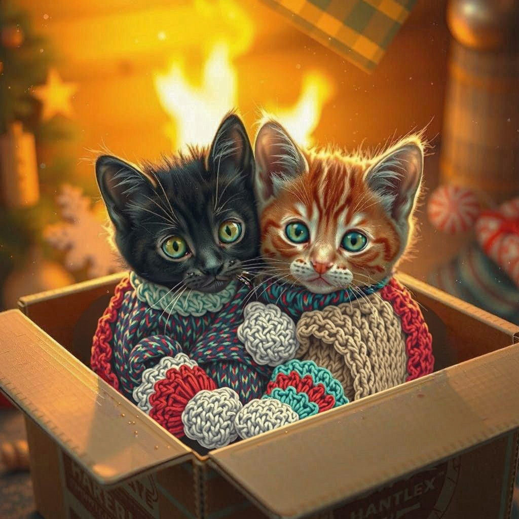 Cozy Winter Scene of Cats in a Golden-Lit Cardboard Box