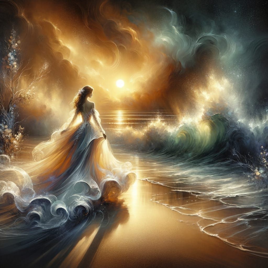 Ethereal Woman Strolls Beach in Abstract Watercolor Art