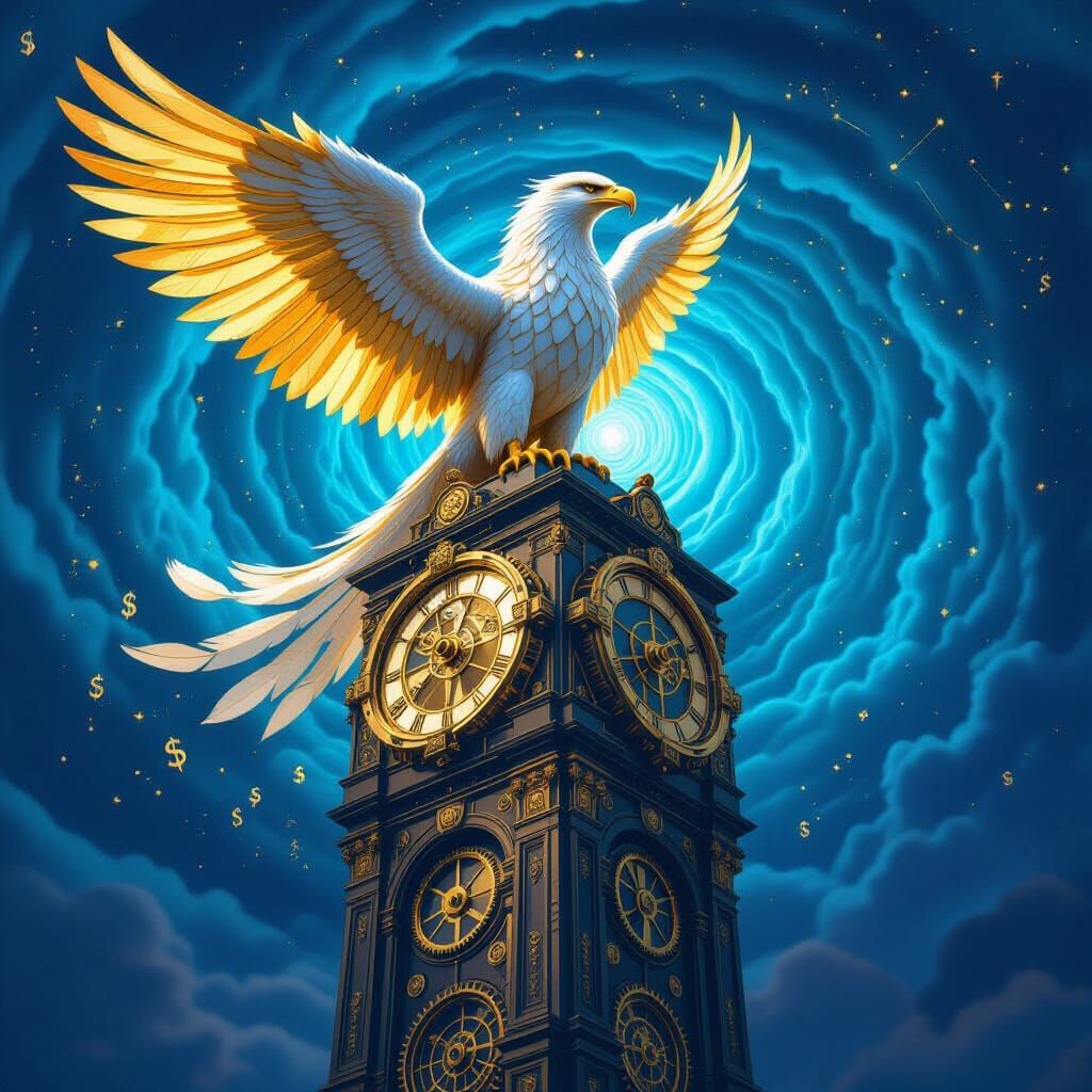 Majestic Griffin on Clockwork Tower in Digital Art Style