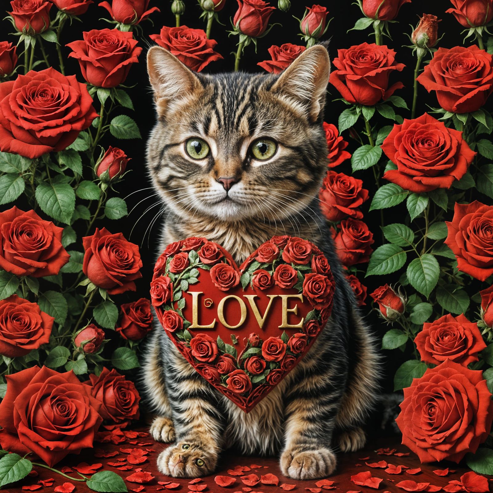 Whimsical Feline Goddess Surrounded by Roses in a Moody, Hyp...