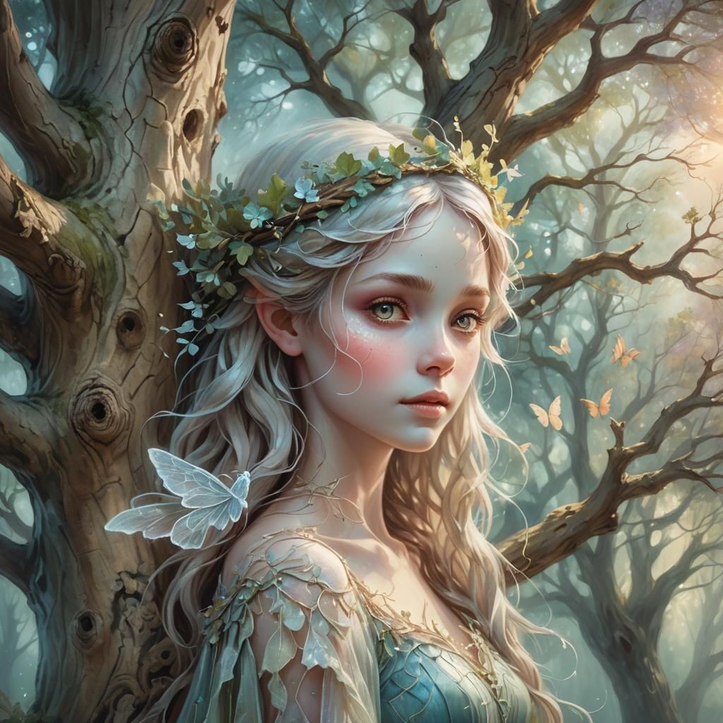 Fairy Ghost Portrait Beside Ancient Oak Tree