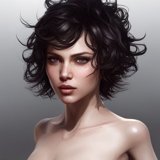 Black Curly Pixie Cut Portrait, Detailed Digital Art