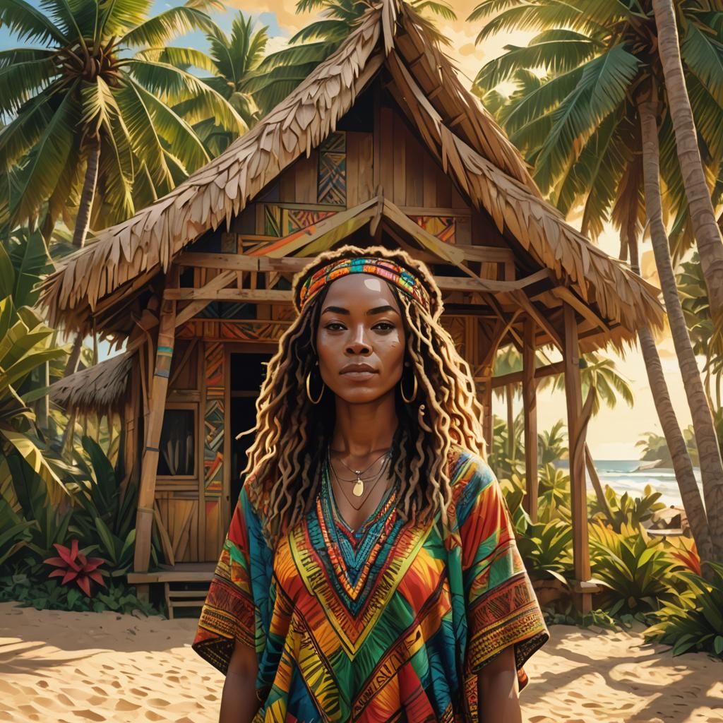 Brazilian Reggae Girl in Fauvist Beach Scene