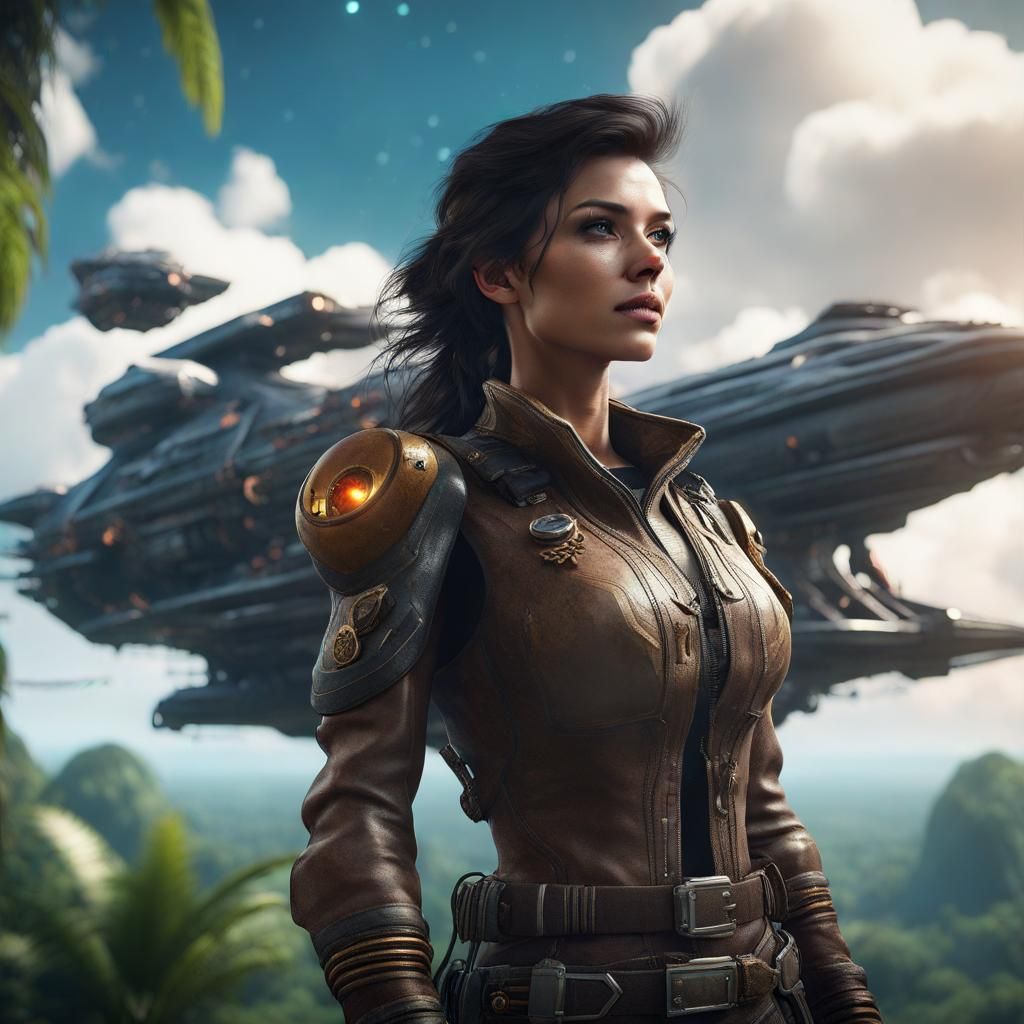 Space Pirate and Starship in 3D Cinematic Style