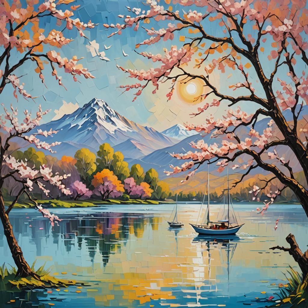 Sailboat on Lake in Impasto Oil Painting Style