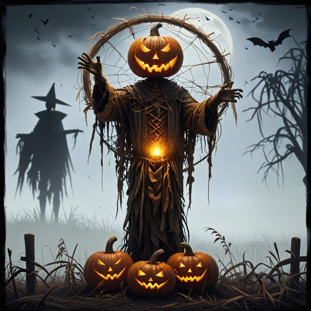 Eerie Pumpkin Scarecrow in Shadowy Cornfield