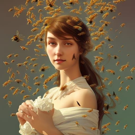 Young Woman in Floral Dress with Bees Portrait