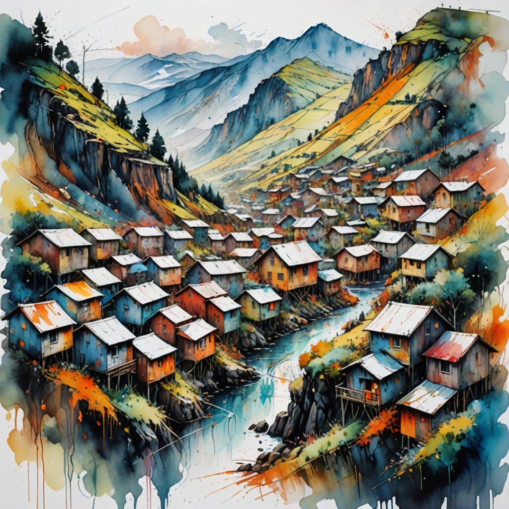 Colorful Valley Village in Watercolour Style