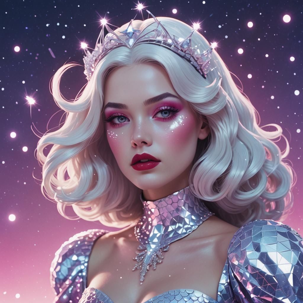 Snow White Space Mermaid in Synthwave Neon Style