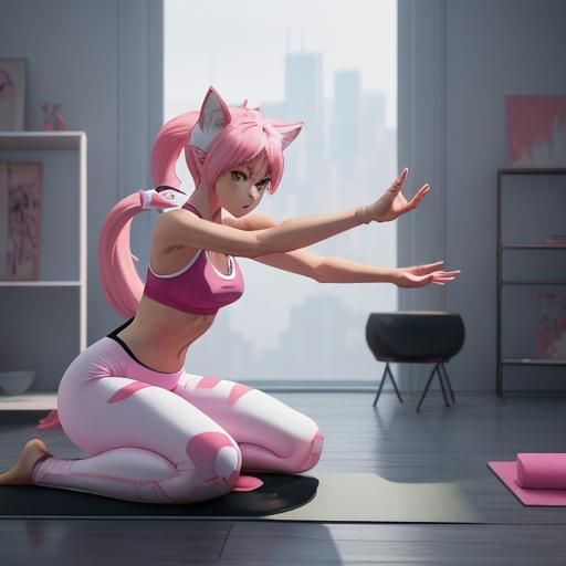 Pink Neko Cat-Girl Doing Morning Yoga in 3D Anime Art