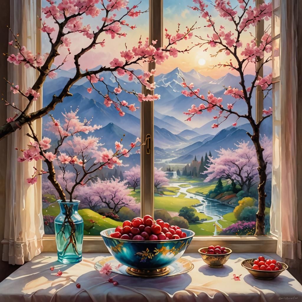 Cherry Blossom Still Life: Watercolor with Ethereal Light