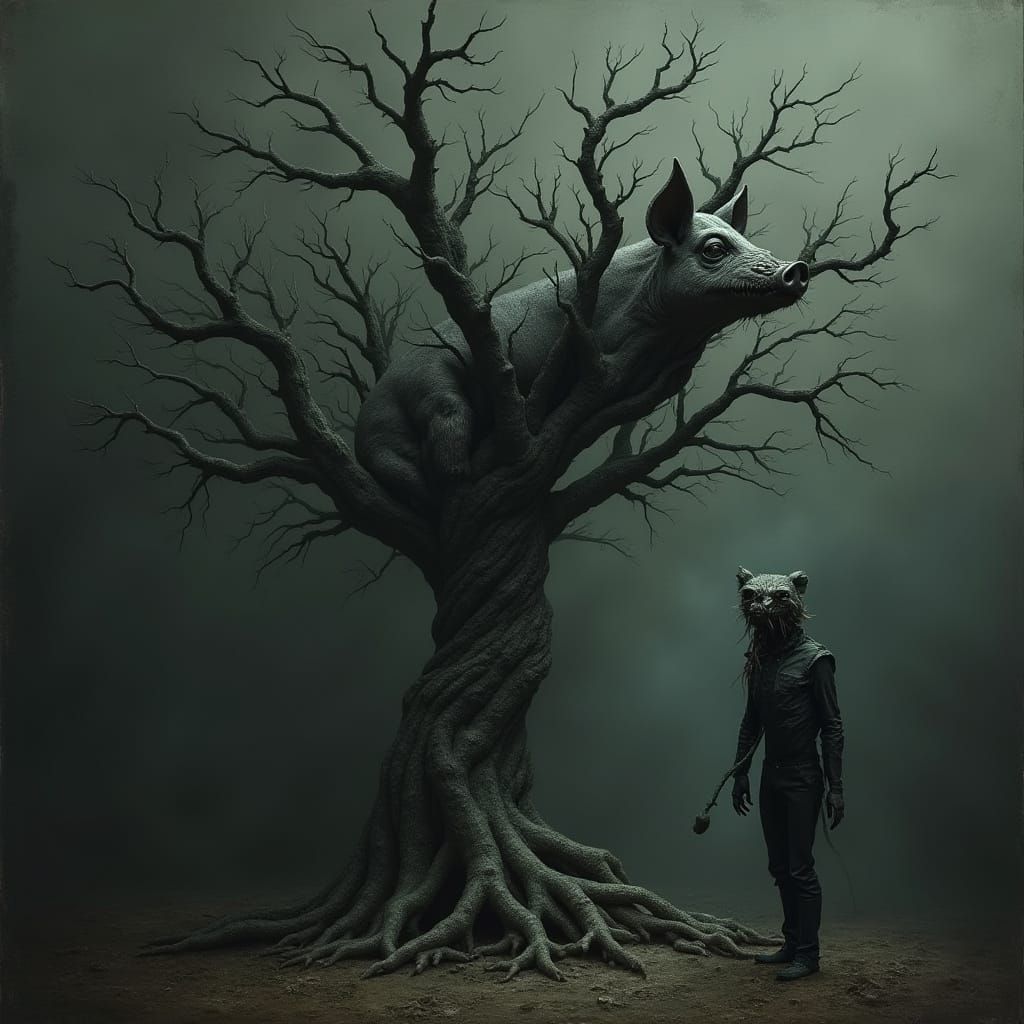 Twisted Horror Figure Emerges from Dark, Gnarled Tree