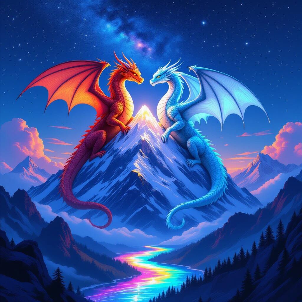 Fire & Ice Dragons Meet on Crystal Mountain Under Cosmic Sky