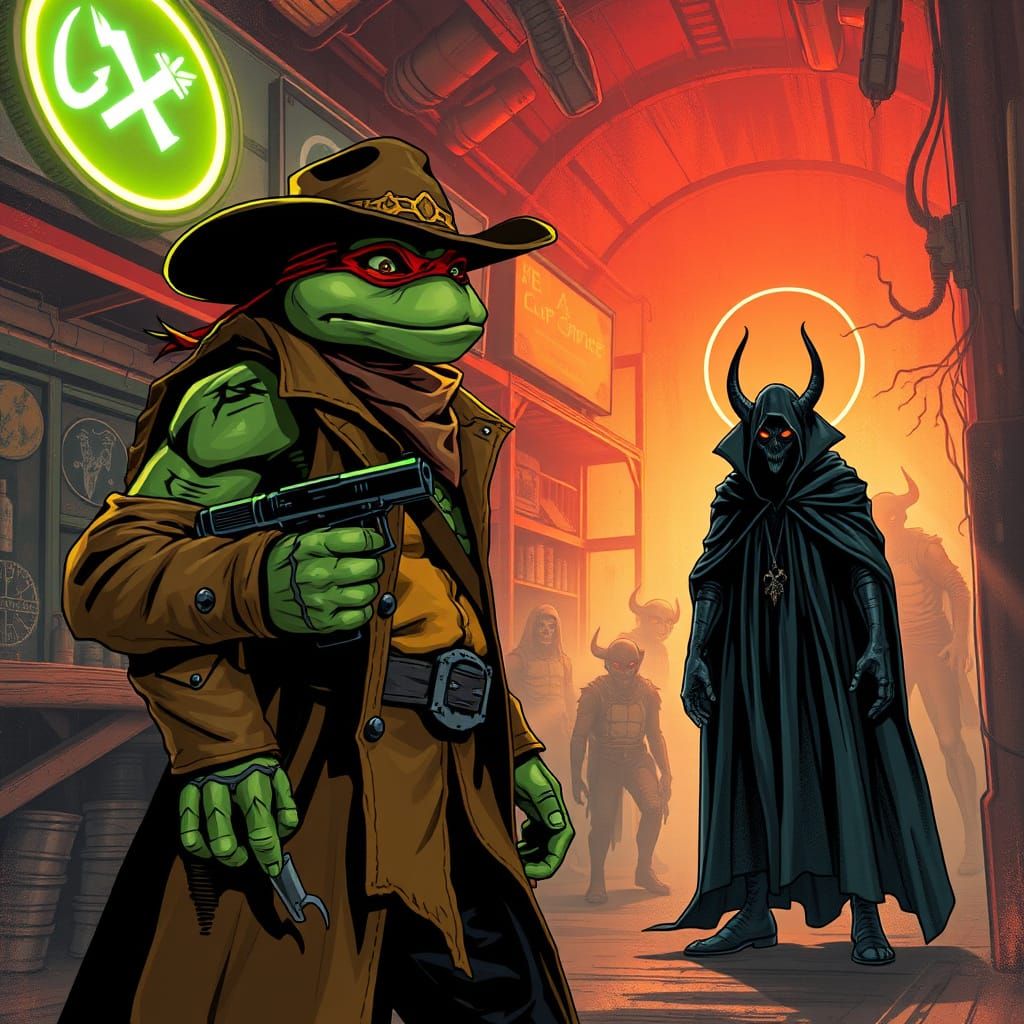 Space Cowboy Ninja Turtle Confronts Dark Forces in Alien Sal...