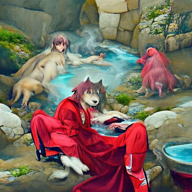 Renaissance Painting of Humanoid Wolf at Hot Spring
