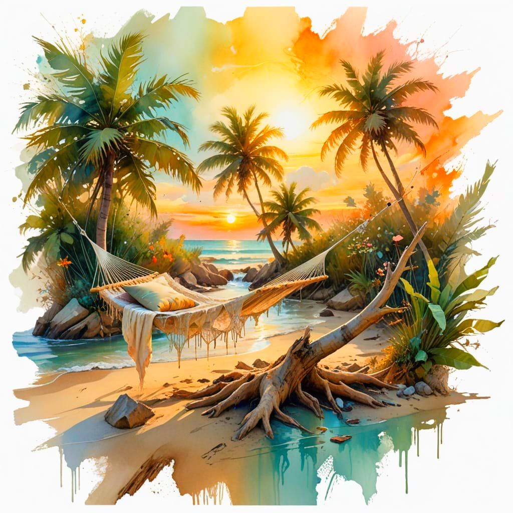 Sunset Hammock on Beach in Painterly Realism Style
