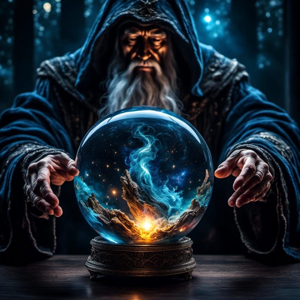 Wizard Holding Magical Orb in Glass Sphere
