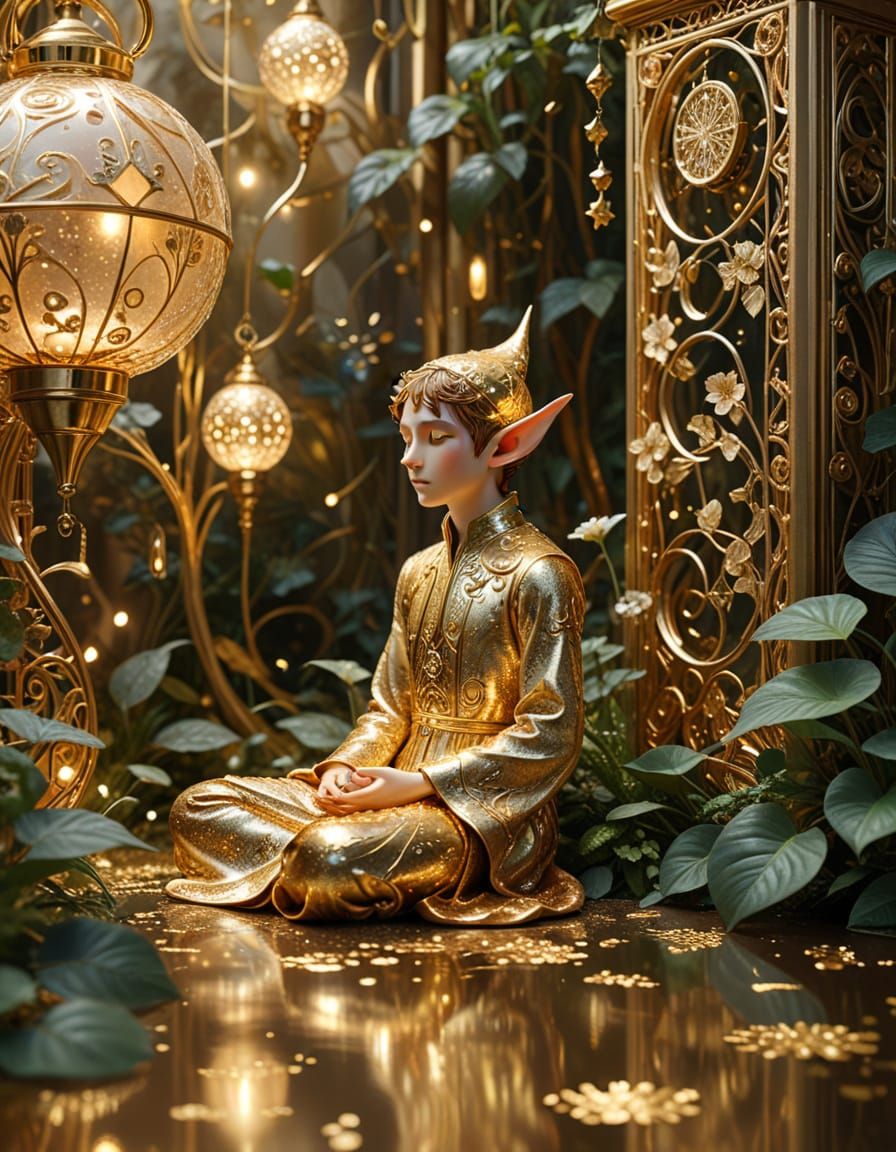 Art Nouveau Elf Meditating in Sanctuary