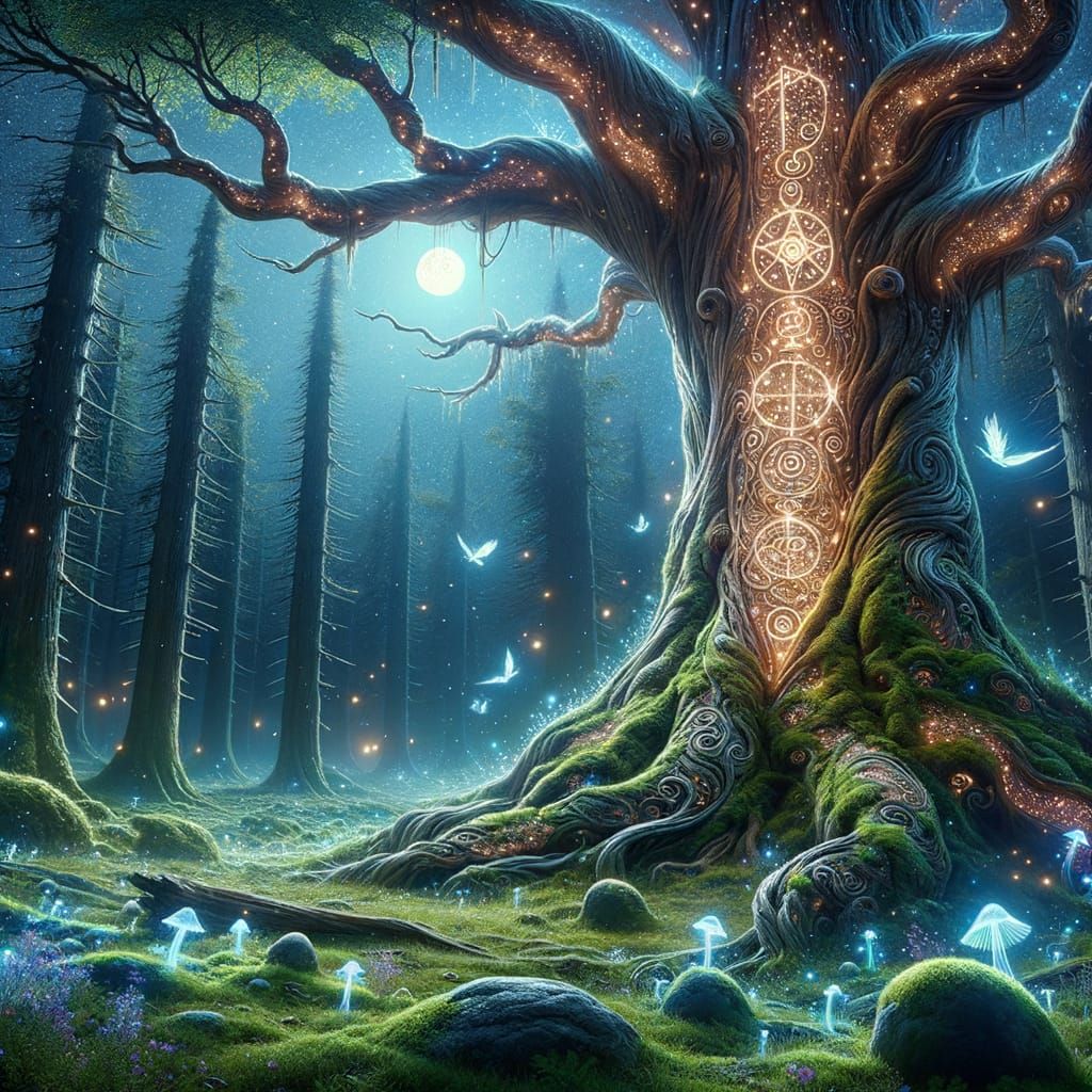 Ancient Tree Spirit Under Ethereal Moonlight