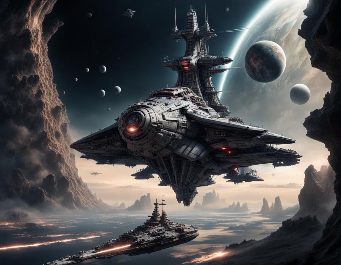Awesome Space Battleship Patroling Ancient Planet