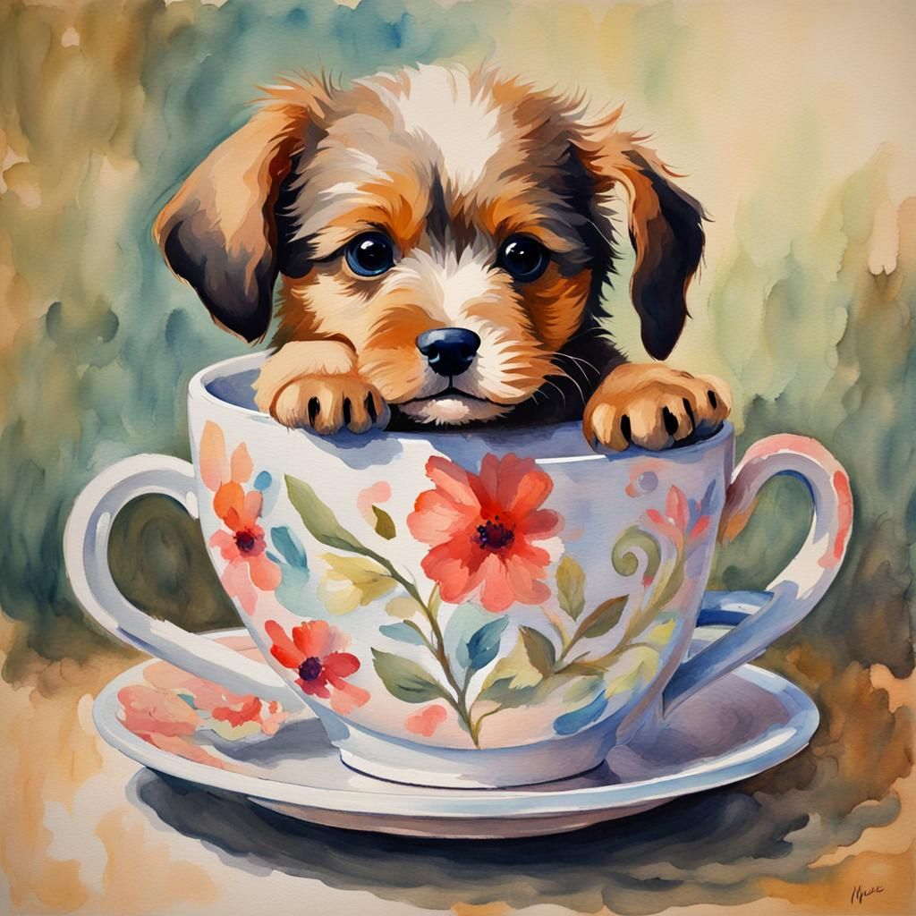 Puppy in Teacup: Gouache Watercolor Impressionist Painting