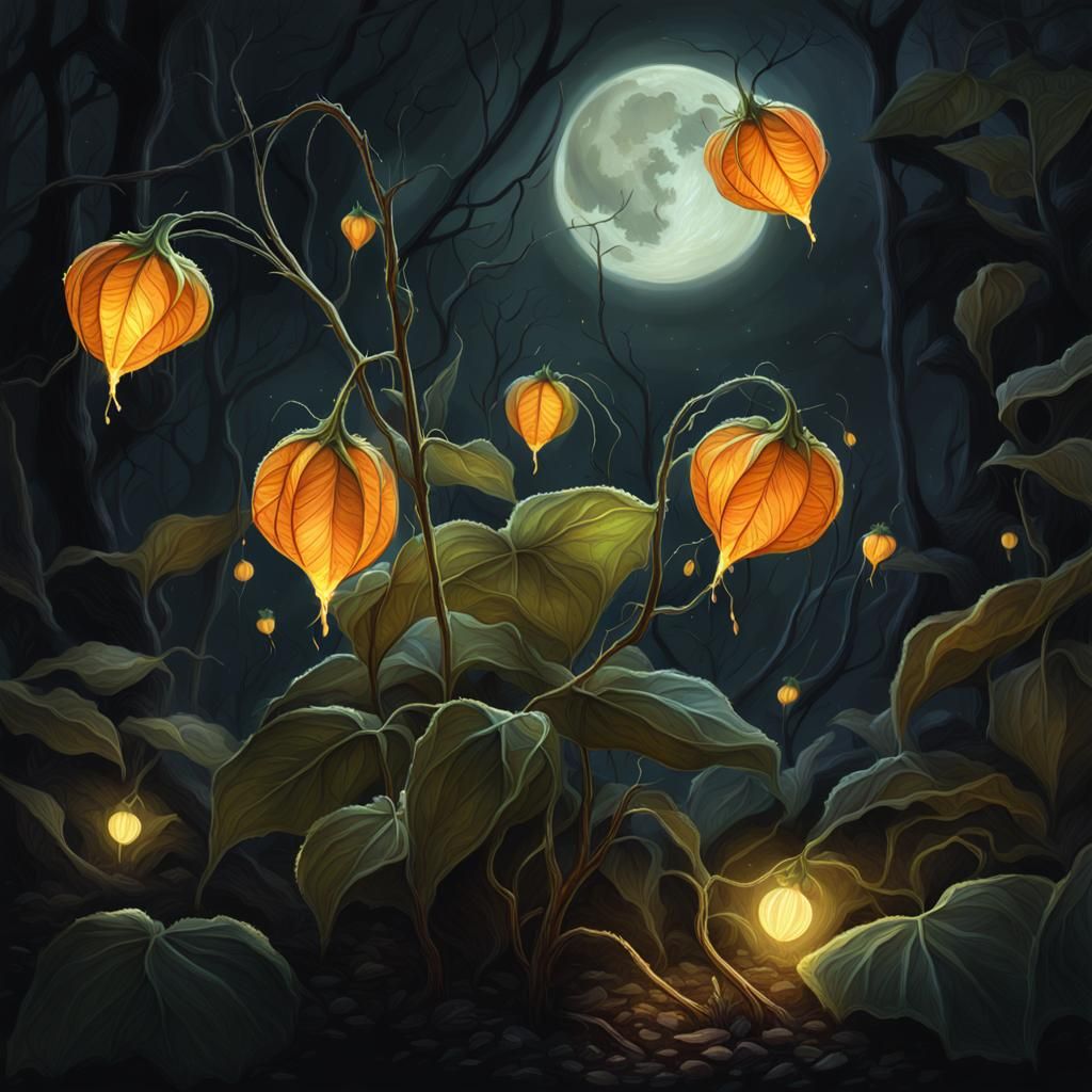 Glowing Physalis Plant in Mystical Forest, Digital Painting