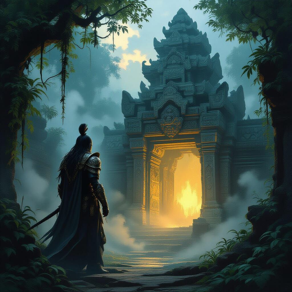 Stoic Guardian in Misty Jungle at Twilight