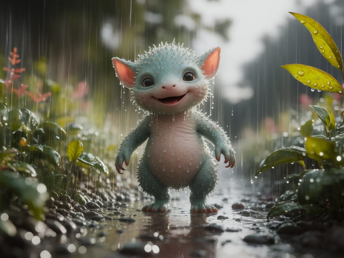 Bioluminescent Creature in Lush Forest During Gentle Rain