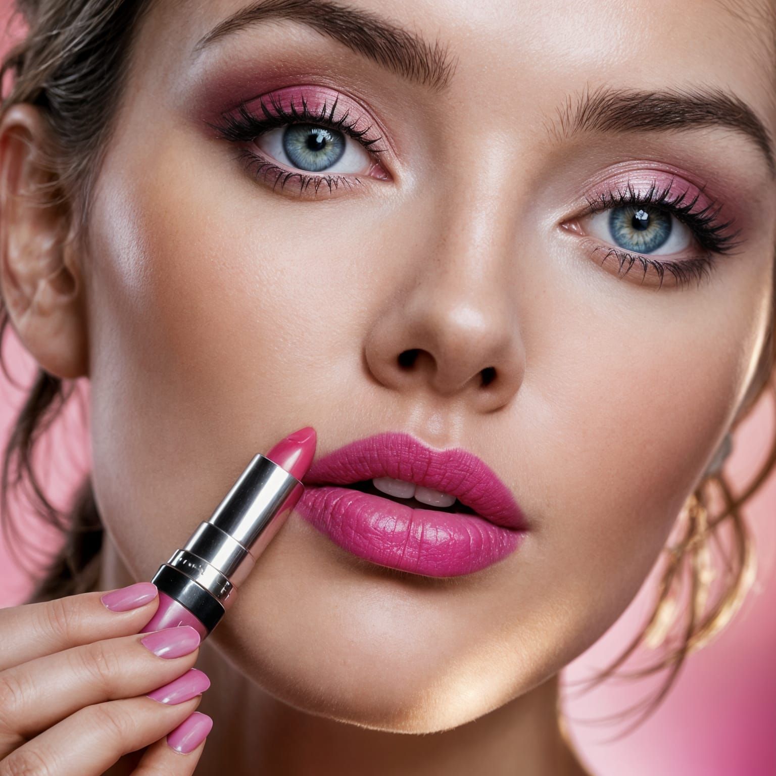 Young Woman Applying Pink Lipstick, Professional Portrait