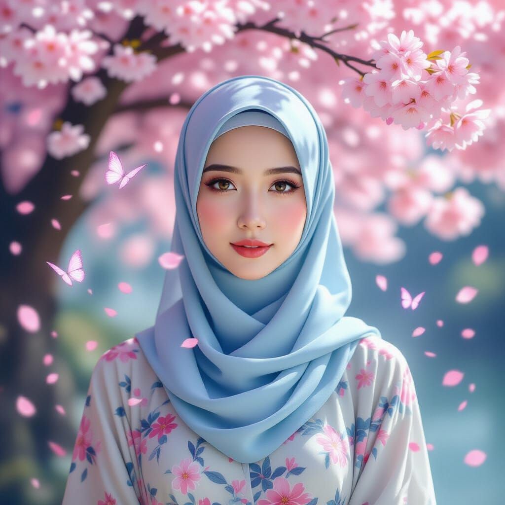 Asian Woman in Hijab Under Cherry Blossoms