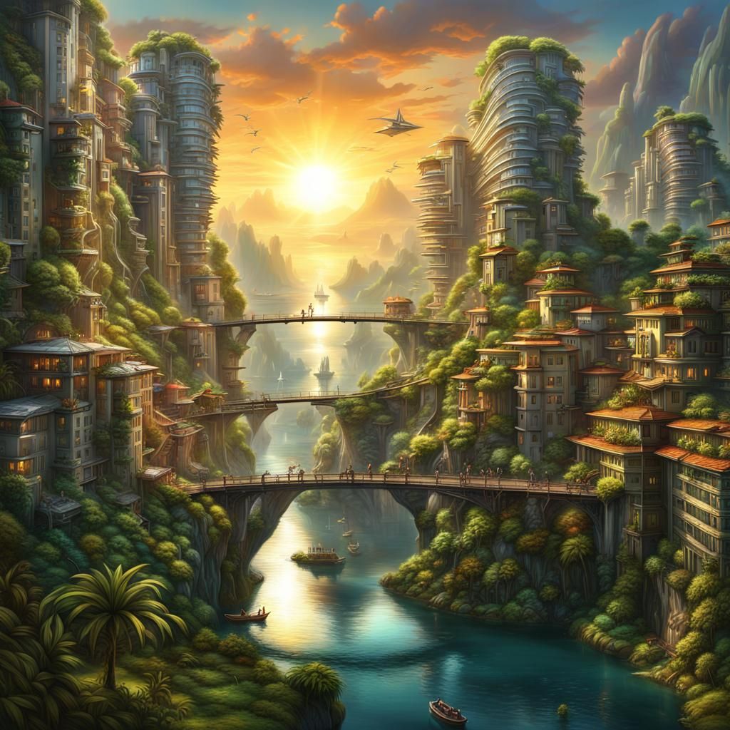 Solarpunk Cityscape with Jungle Paths and Waterfalls