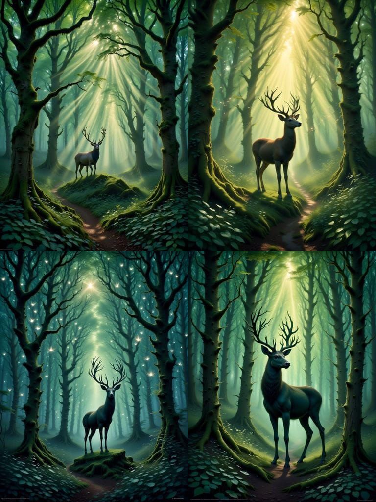 <lora:Faefortas FX:1.0> silhouette of deer in the forest, in...