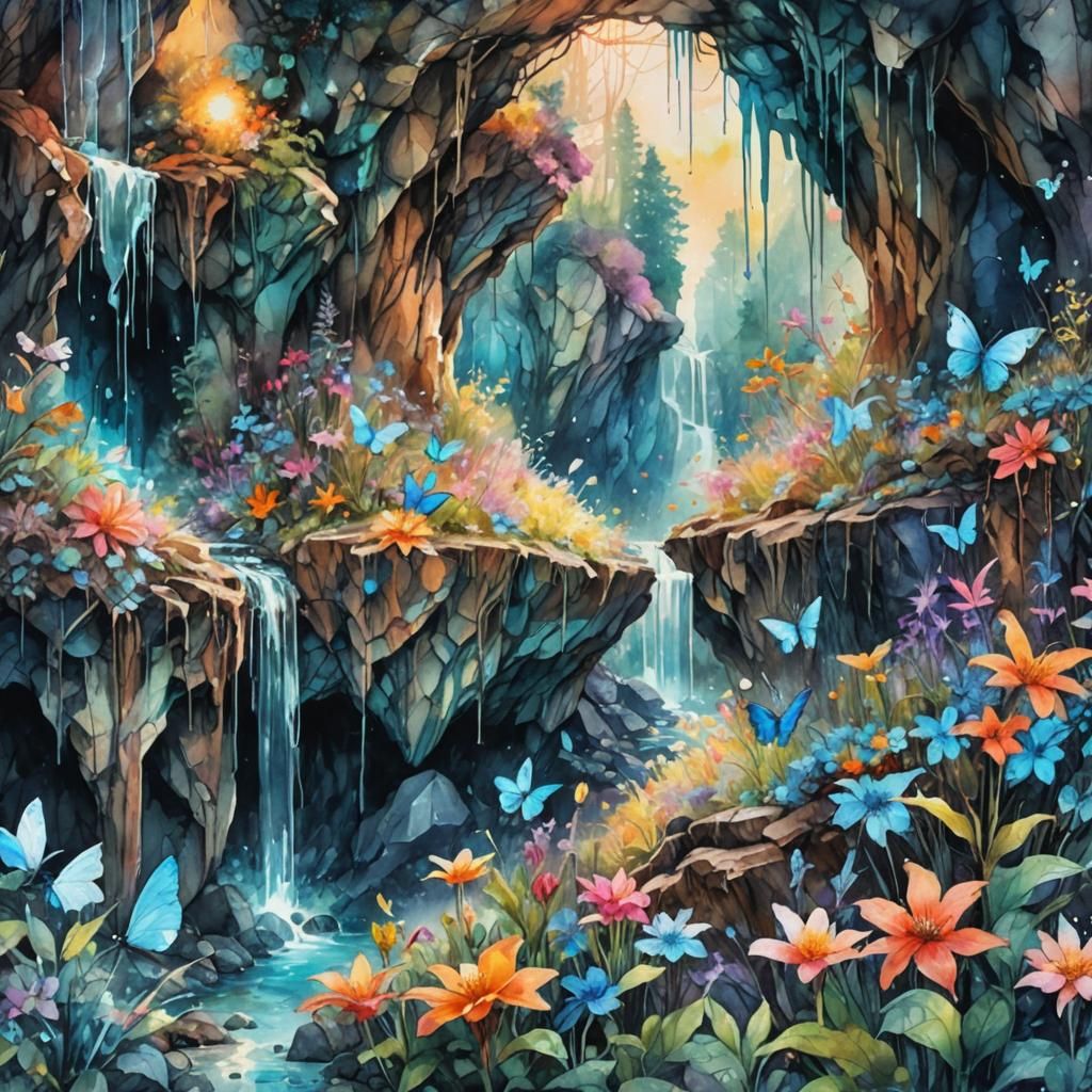 Psychedelic Crystal Cave with Luminous Blue Glow