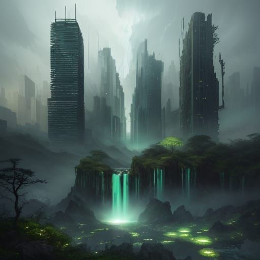 Ethereal Waterfall Over Shattered Skyscrapers in Digital Mat...
