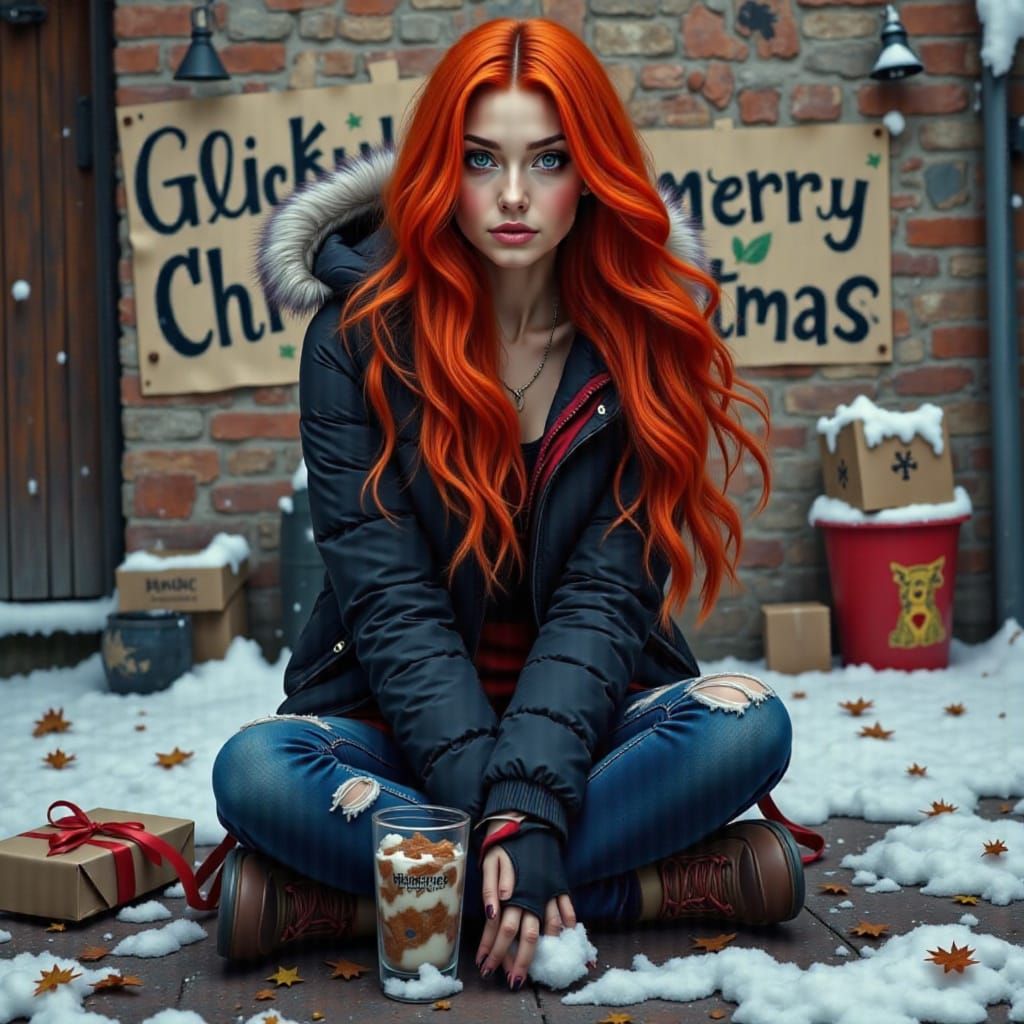 Satirical Cartoon of Red-Haired Woman in Puffy Jacket