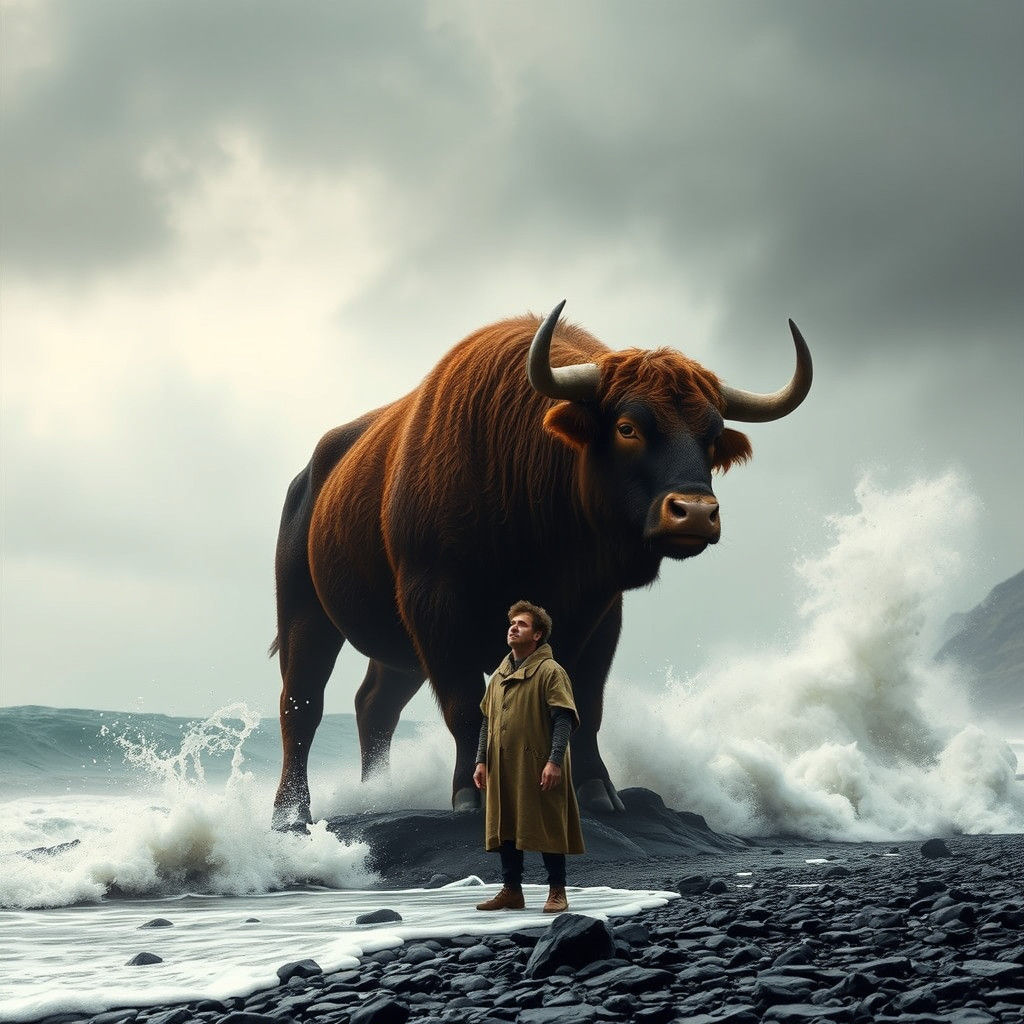 Majestic Bull on Black Stone Beach in Romanticism Style