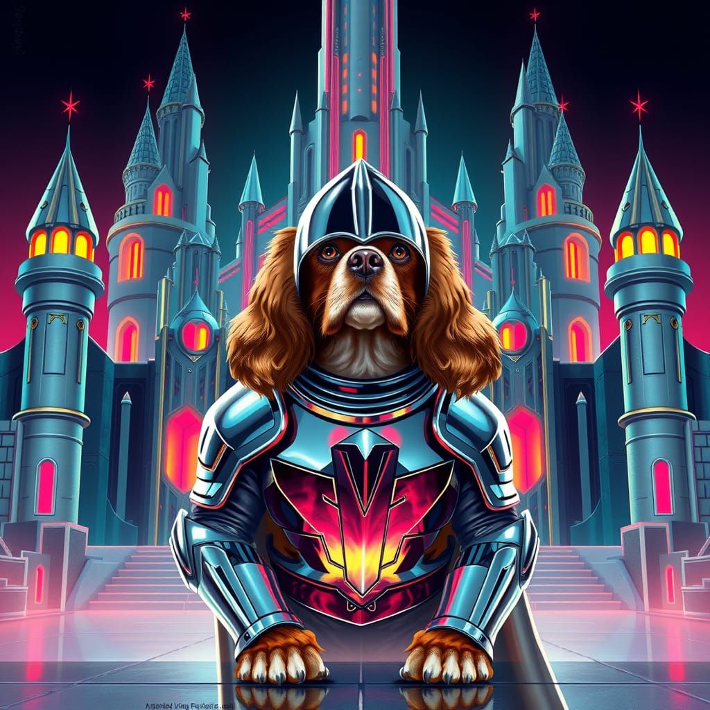 Futuristic Chrome Knight Cavalier King Charles Spaniel Stand...