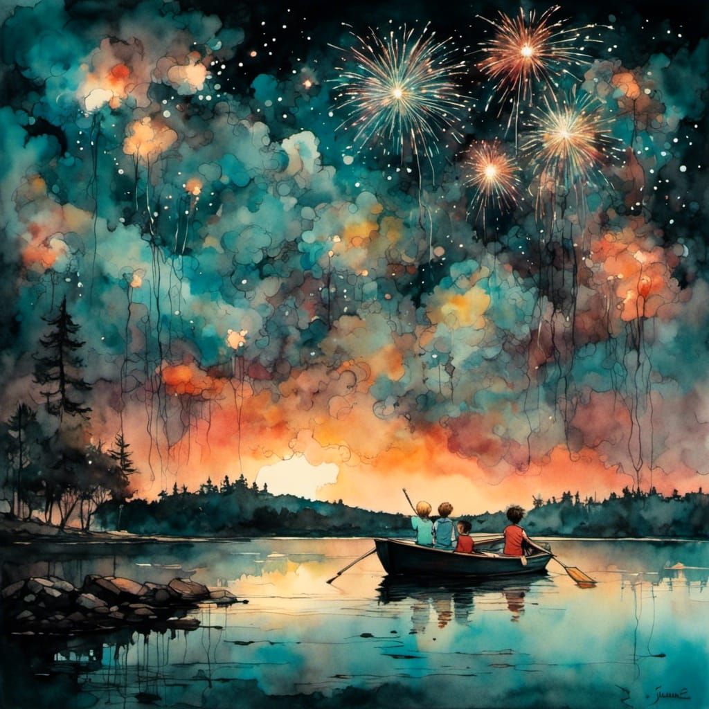 Fireworks Over Lake: Watercolor and Ink Poster Art