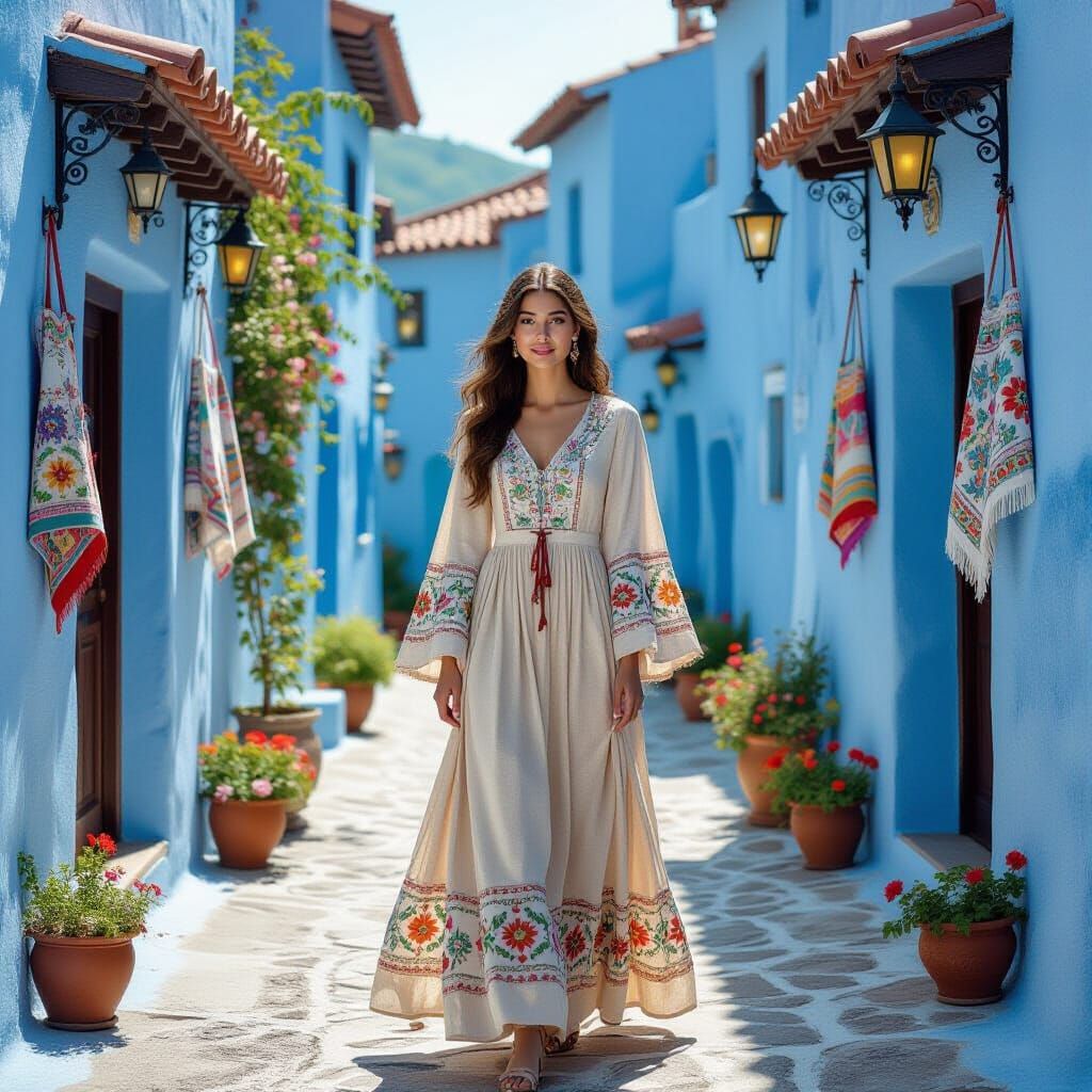 Charming Old Town Scene with Woman in Embroidered Dress