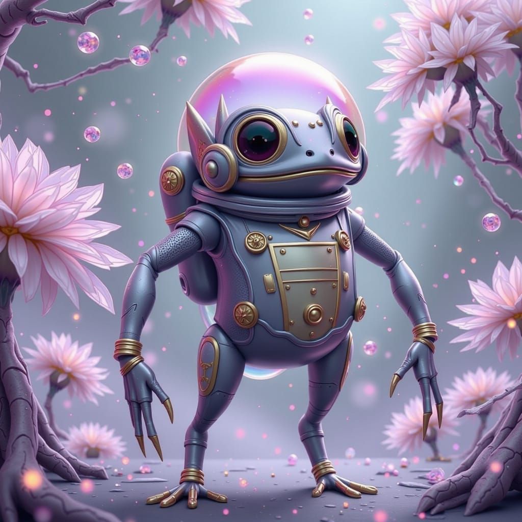 Ethereal Alien Frog Astronaut in Dreamlike Landscape