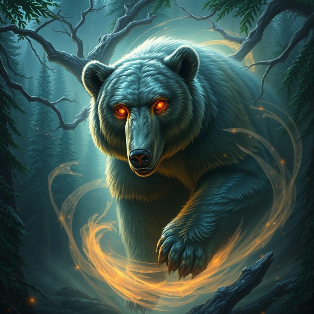 Iridescent Grizzly Bear in Fantasy Forest