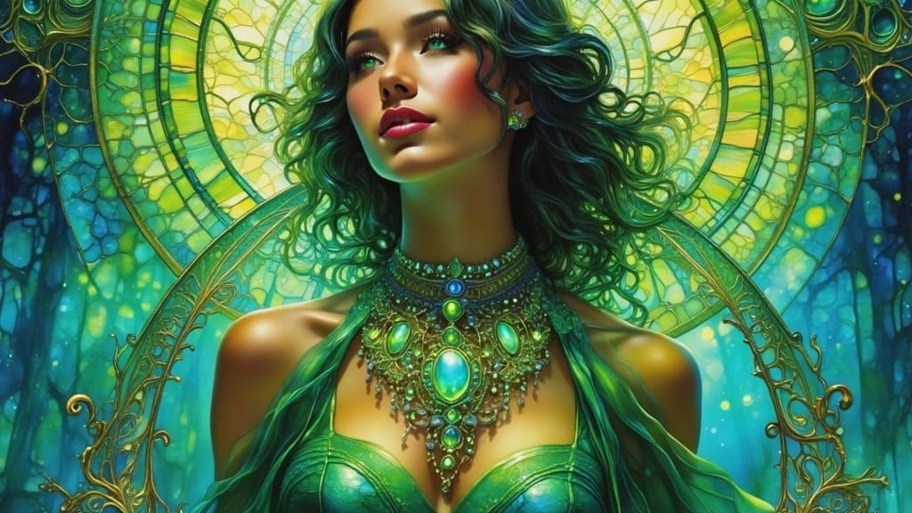 Woman's Lavish Lime Green Necklace in Ethereal Digital Art