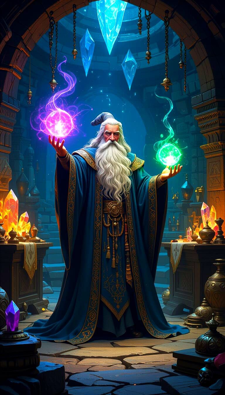 Mystical Wizard in a Crystal Chamber